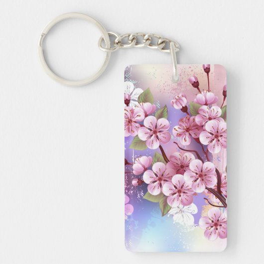 Roze Sakura op geschilderde achtergrond Sleutelhanger (Voorkant)