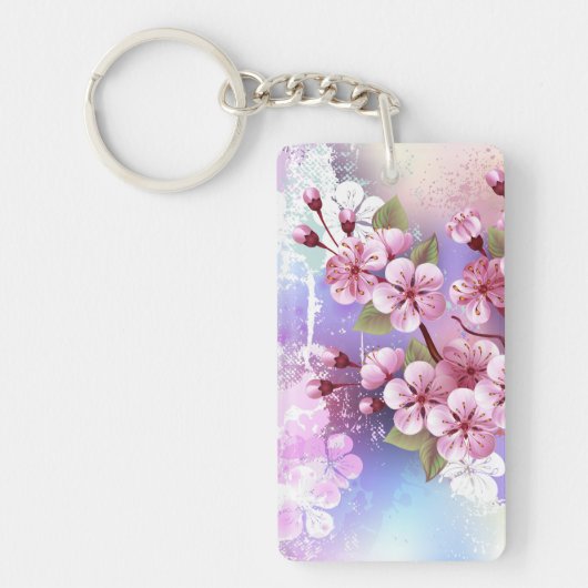 Roze Sakura op geschilderde achtergrond Sleutelhanger (Voorkant)