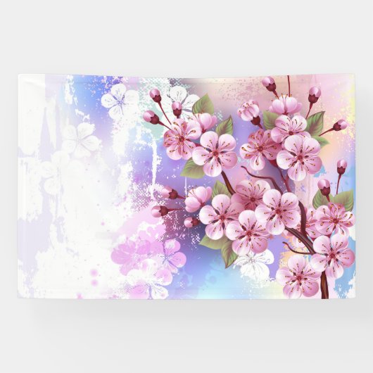 Roze Sakura op geschilderde achtergrond Spandoek (Horizontaal)
