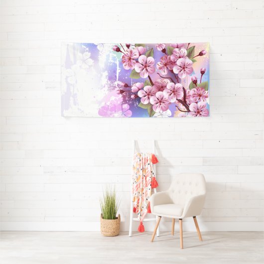 Roze Sakura op geschilderde achtergrond Spandoek (Insitu)