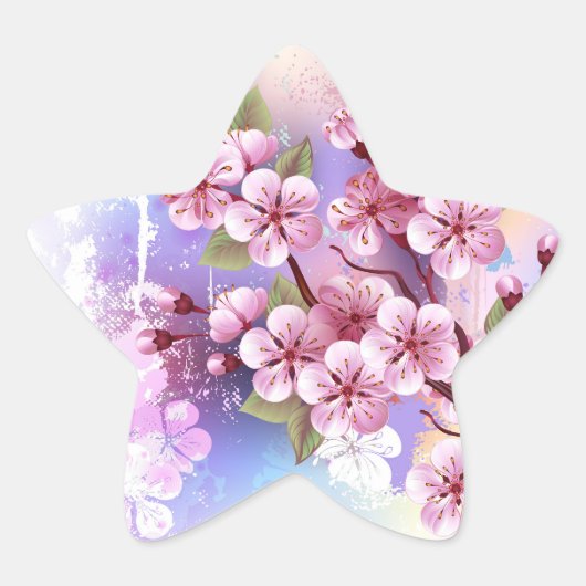 Roze Sakura op geschilderde achtergrond Ster Sticker (Voorkant)