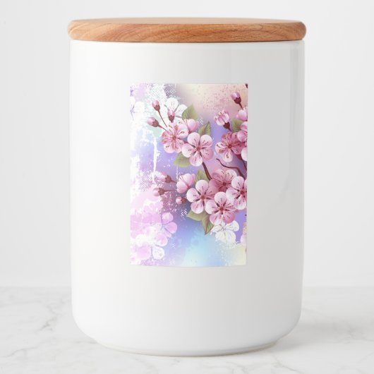 Roze Sakura op geschilderde achtergrond Voedselcontainer Etiket (Voorkant)