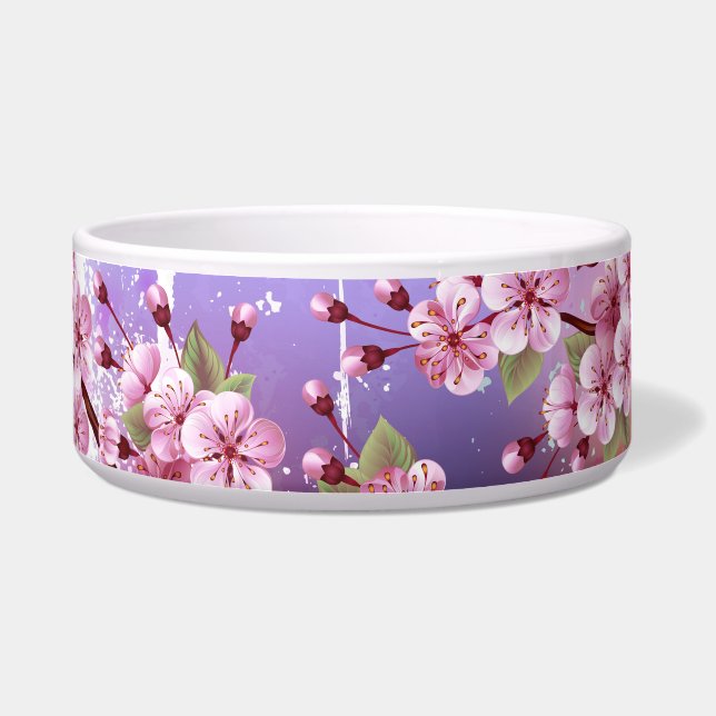 Roze Sakura op geschilderde achtergrond Voerbakje (Voorkant)