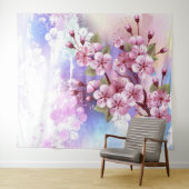 Roze Sakura op geschilderde achtergrond Wandkleed (In Situ (horizontaal))