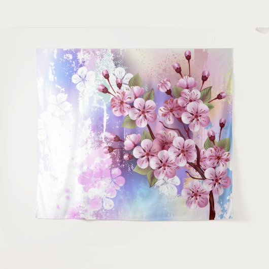 Roze Sakura op geschilderde achtergrond Wandkleed (Voorkant (horizontaal))