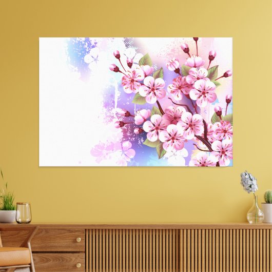 Roze Sakura op het schilderen Achtergrond Canvas Afdruk (Insitu (Woonkamer))