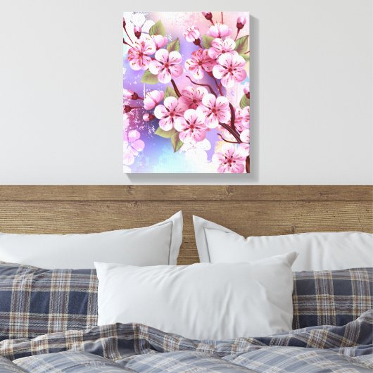 Roze Sakura op het schilderen Achtergrond Canvas Afdruk (Insitu (Slaapkamer))