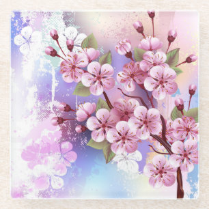 Roze Sakura op het schilderen Achtergrond Glazen Onderzetter