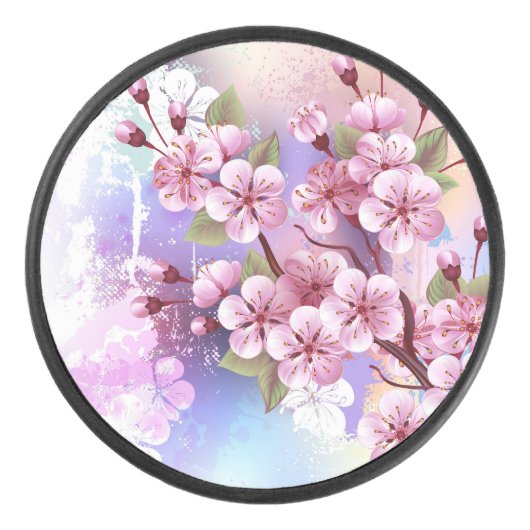 Roze Sakura op het schilderen Achtergrond Hockey Puck (Voorkant)