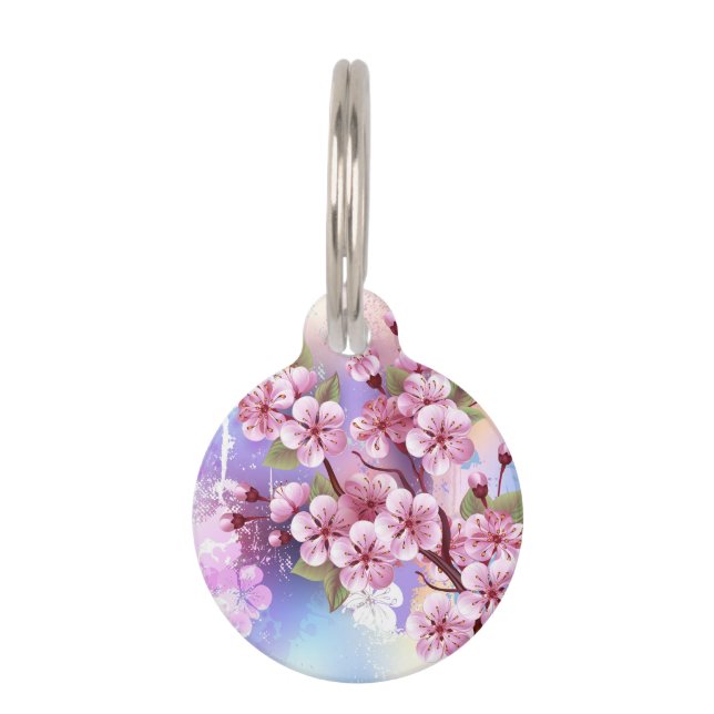 Roze Sakura op het schilderen Achtergrond Huisdierpenning (Voorkant)