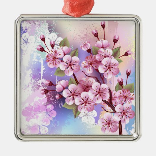 Roze Sakura op het schilderen Achtergrond Metalen Ornament (Voorkant)
