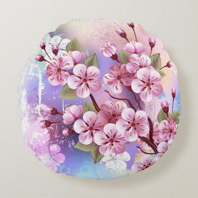 Roze Sakura op het schilderen Achtergrond Rond Kussen (Voorkant)