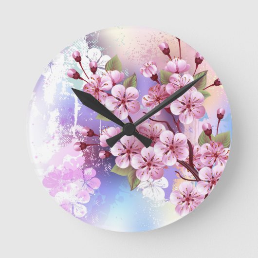 Roze Sakura op het schilderen Achtergrond Ronde Klok (Voorkant)
