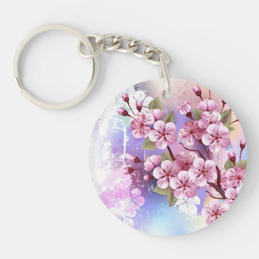 Roze Sakura op het schilderen Achtergrond Sleutelhanger (Voorkant)