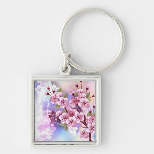 Roze Sakura op het schilderen Achtergrond Sleutelhanger (Voorkant)