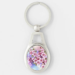 Roze Sakura op het schilderen Achtergrond Sleutelhanger
