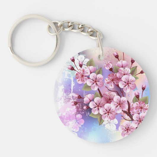 Roze Sakura op het schilderen Achtergrond Sleutelhanger (Voorkant)