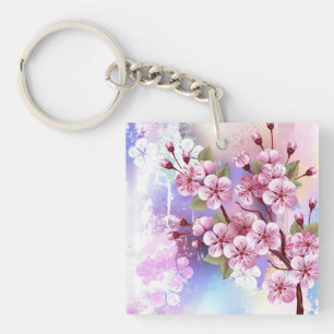 Roze Sakura op het schilderen Achtergrond Sleutelhanger