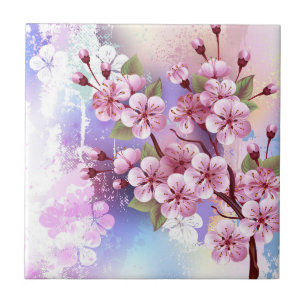 Roze Sakura op het schilderen Achtergrond Tegeltje