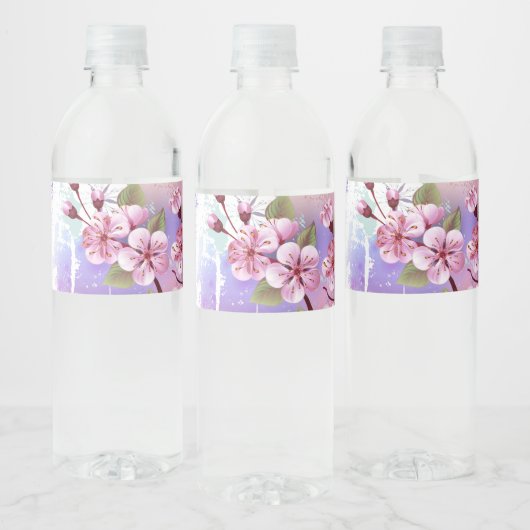 Roze Sakura op het schilderen Achtergrond Waterfles Etiket (Flessen)