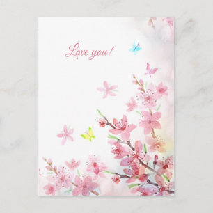Roze Sakura Vlinders Waterverf Liefde Briefkaart