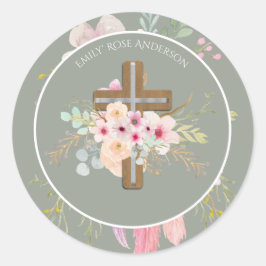 Roze salie bloemkruis meisjes doop bloem mooi ronde sticker