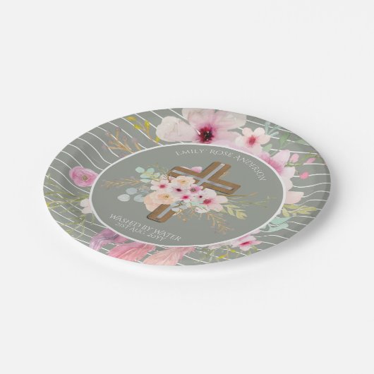 Roze Salie Bloemkruis Meisjes Doop Bloem Mooie Papieren Bordje (Gekanteld)