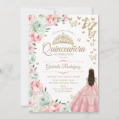 Roze Salie Groen Bloemen Quinceanera Kaart (Voorkant)