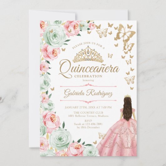 Roze Salie Groen Bloemen Quinceanera Kaart (Voorkant)