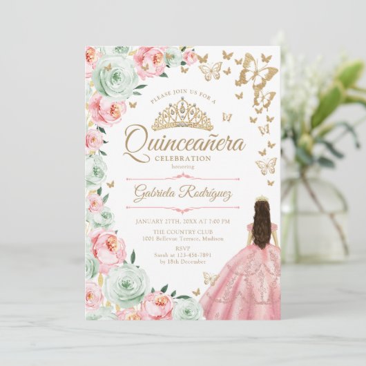 Roze Salie Groen Bloemen Quinceanera Kaart (Staand voorkant)