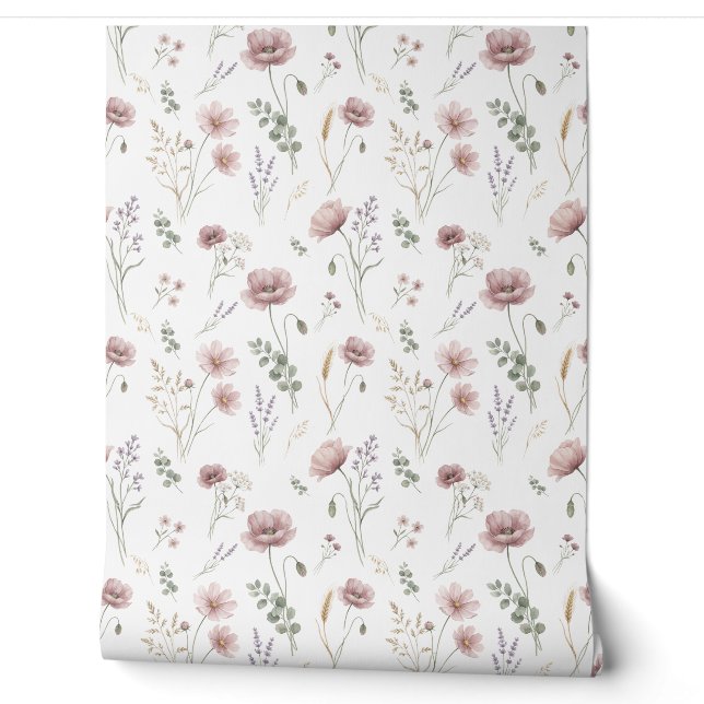 Roze Salie Groene Aquarel Wilde Bloem Behang (Afrollen)