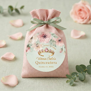 Roze Salie Groene Bloemige Gouden Tiara Quinceañer Ronde Sticker