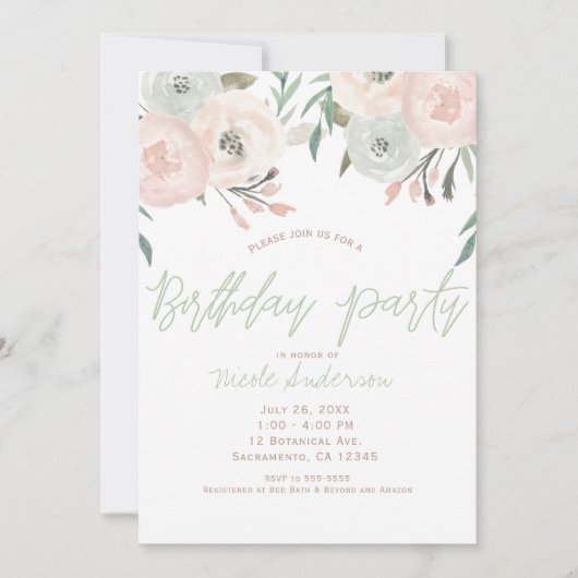 Roze Salie Mint Groen Moderne Bloemige Verjaardags Kaart (Voorkant)