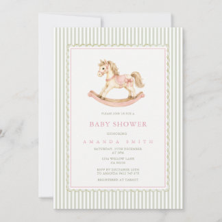 Roze salie schommelpaard babyshower uitnodiging
