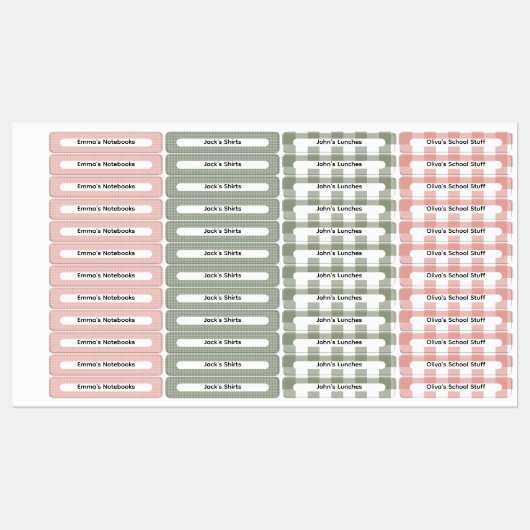 Roze & Saliegroen Gingham Geruite Aangepaste Naam Labels (Vel)