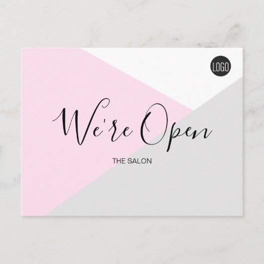Roze Salon logo We zijn open Covid-19 veiligheid Briefkaart (Voorkant)