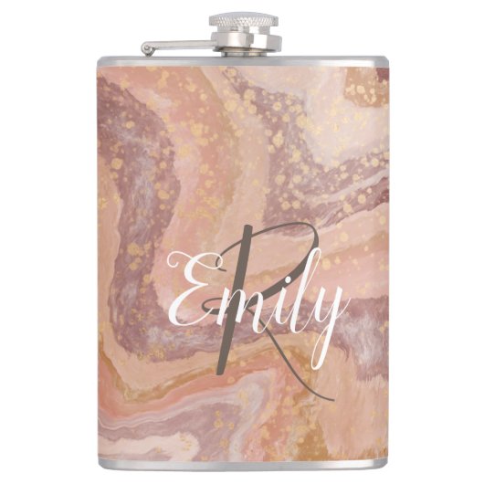 Roze Sandstone Agate Marble Abstracte Name Monogra Heupfles (Voorkant)