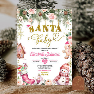 Roze Santa Baby Floral Christmas Baby shower Kaart