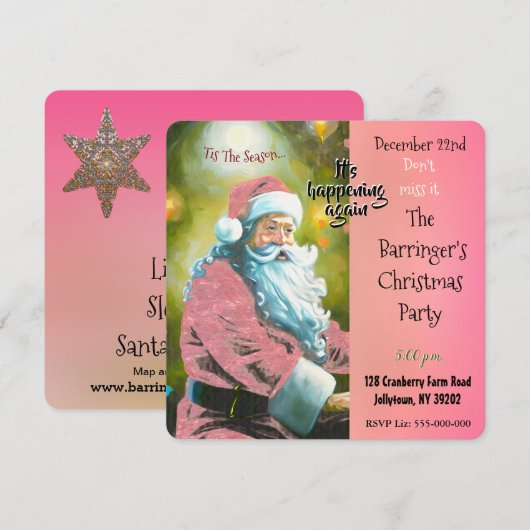 Roze Santa Elegant Jaarlijks Kerstfeest Kaart (Voorkant / Achterkant)