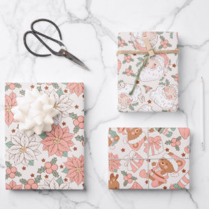 Roze  Santa Floral Kerstspeelgoed Inpakpapier Vel