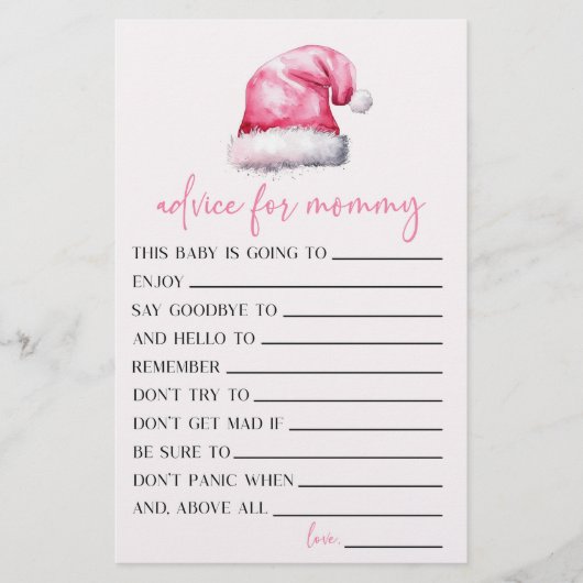 Roze Santa Hat Advies Baby shower Spel Activiteit Briefpapier (Voorkant)
