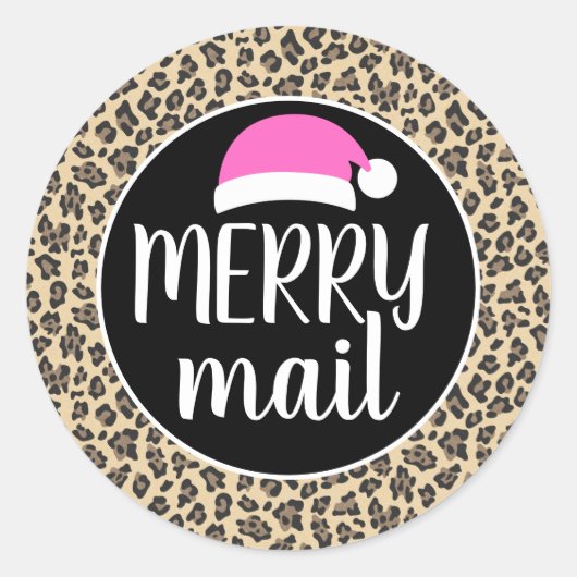 Roze Santa Hoed Dierenprint Luipaard Merry Mail Ronde Sticker (Voorkant)