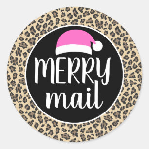 Roze Santa Hoed Dierenprint Luipaard Merry Mail Ronde Sticker