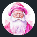 Roze Santa Retro Christmas Ronde Sticker<br><div class="desc">Waterverf roze  Santa met Retro vibes Kerst stickers.</div>