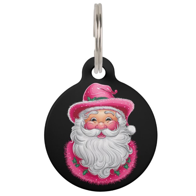 Roze Santa Retro Kerstmis Matching Family Party Huisdierpenning (Voorkant)