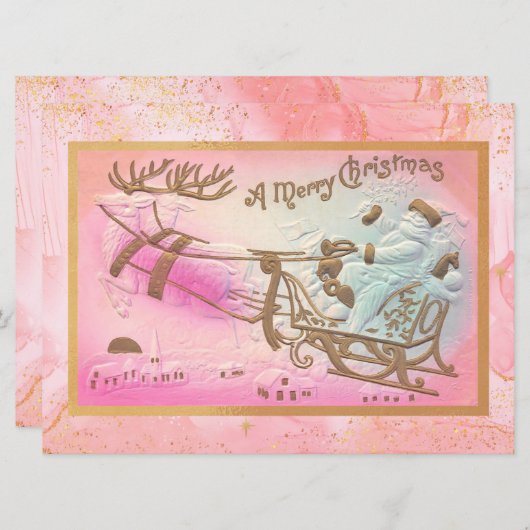 Roze Santa Sleigh met Rendier Kerst Feestdagenkaart (Voorkant / Achterkant)