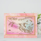  Roze Santa Sleigh met Rendier Kerst Feestdagenkaart (Staand voorkant)