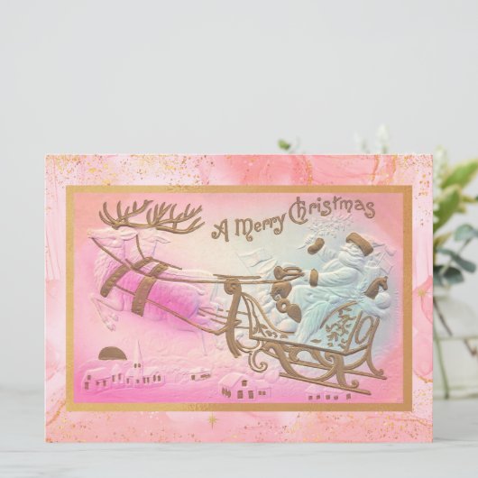  Roze Santa Sleigh met Rendier Kerst Feestdagenkaart (Staand voorkant)