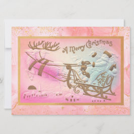 Roze Santa Sleigh met Rendier Kerst Feestdagenkaart
