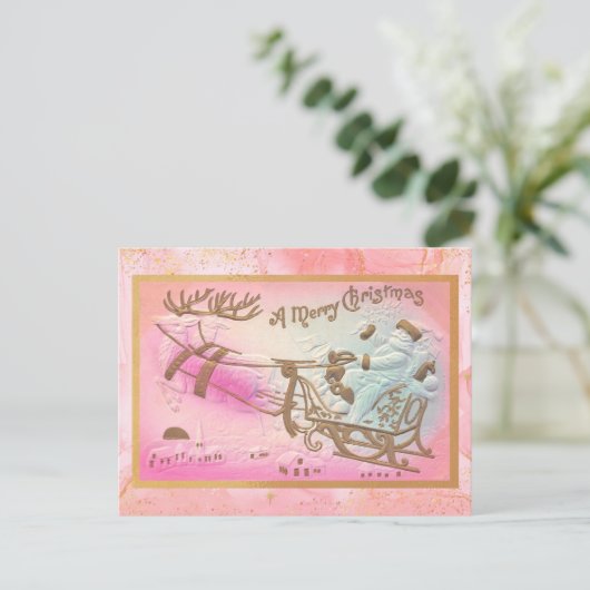  Roze Santa Sleigh met Rendier Kerst Feestdagenkaart (Staand voorkant)